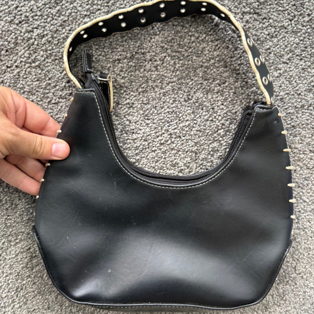 VTG Mudd Black Y2K Hobo Shoulder Bag Whipstitch Grommet Strap Logo Heart Hand - Picture 7 of 9